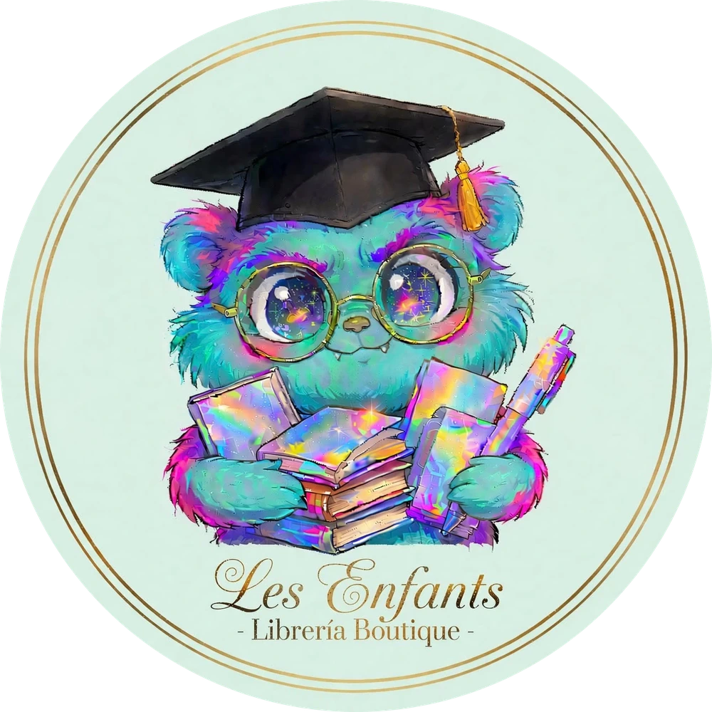 Les Enfants Librería Boutique: osito turquesa con birrete y anteojos que abraza libretas y una lapicera